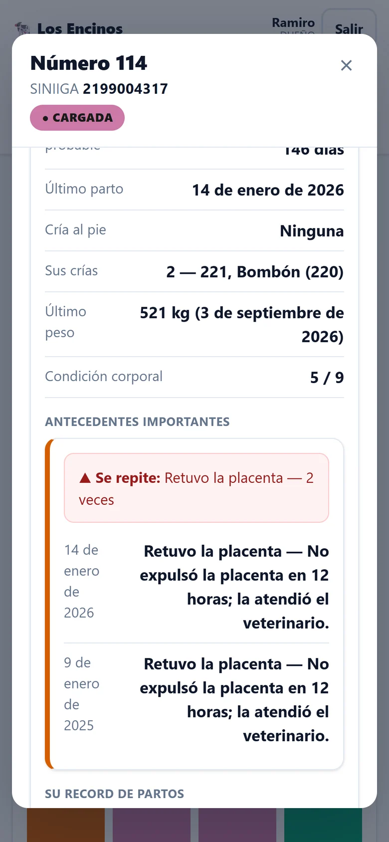 Ficha de la vaca 114 con el aviso: se repite, retuvo la placenta dos veces.