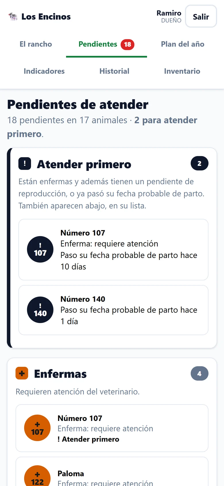 Pantalla de pendientes: 18 pendientes en 17 animales, y dos para atender primero.